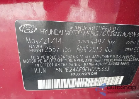 2015 Hyundai Sonata Se from USA, damaged, VIN 5NPE24AF9FH005333